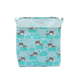 a blue and white storage bag with a cartoon bear on it