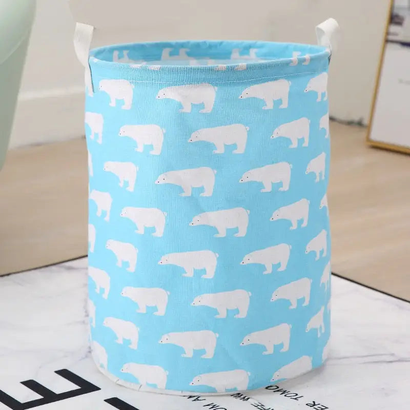 a blue and white storage bag with polar bears on it
