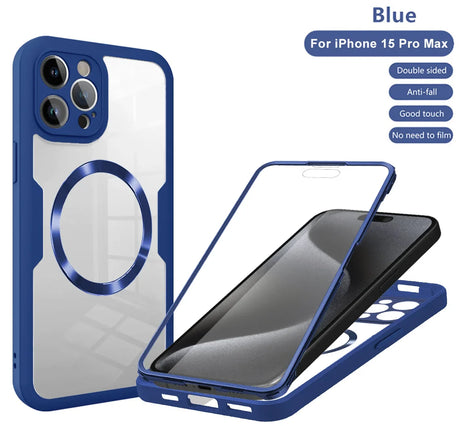 Blue and white protective case for iPhone 15 Pro Max with MagSafe compatibility.