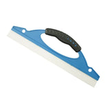 a blue and white plastic scrape with a plastic handle