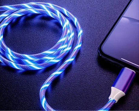 Glowing blue and white spiral USB charging cable connected to a smartphone.