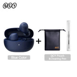 Blue wireless earbuds with charging case, pouch, and cleaning pen.