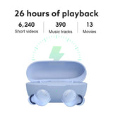 Blue wireless earbuds and charging case.