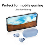 Blue wireless earbuds and charging case.
