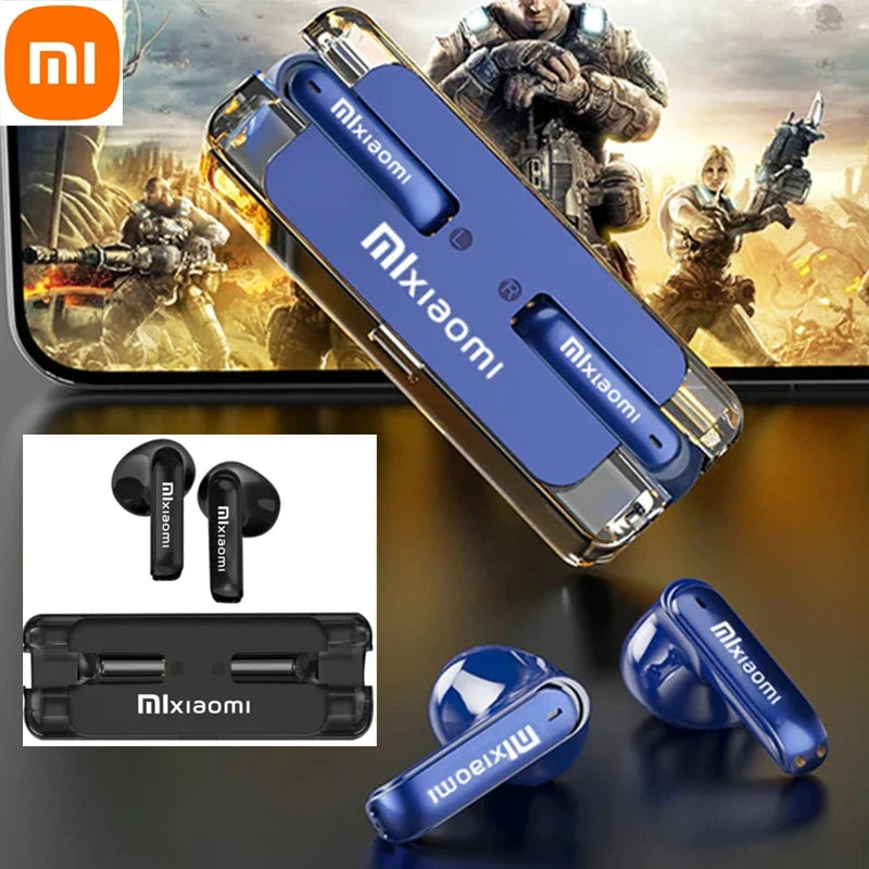 Blue wireless earbuds with a charging case branded ’mixaomi’.