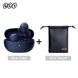 Blue wireless earbuds and pouch.