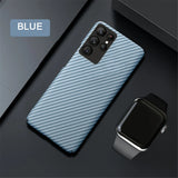 Blue woven pattern phone case for a smartphone with multiple cameras.