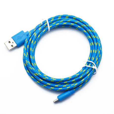 a blue and yellow braided usb cable