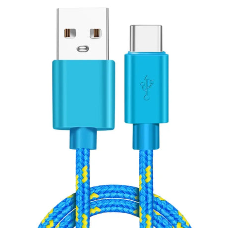 a blue and yellow braided usb cable