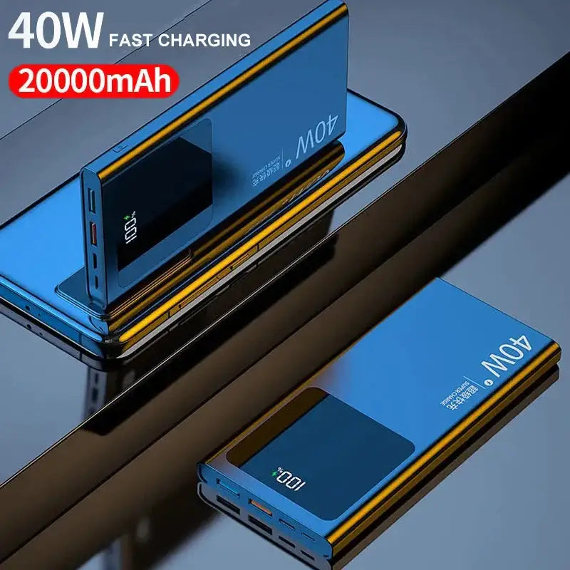 a blue and yellow power bank with the words’fast charge ’