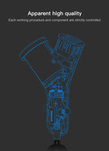 Blueprint-style technical illustration of a handheld electric power tool, likely a cordless drill or driver.