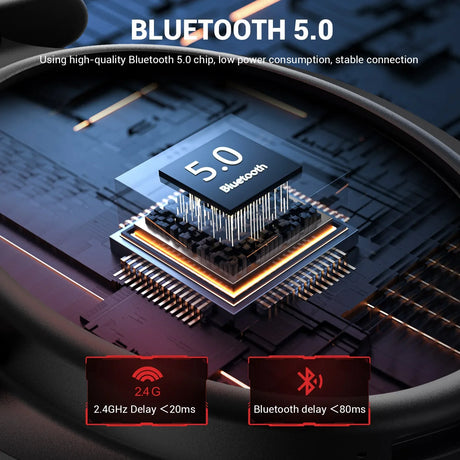 Bluetooth 5.0 chip depicted as a stylized microprocessor with pins and circuitry.