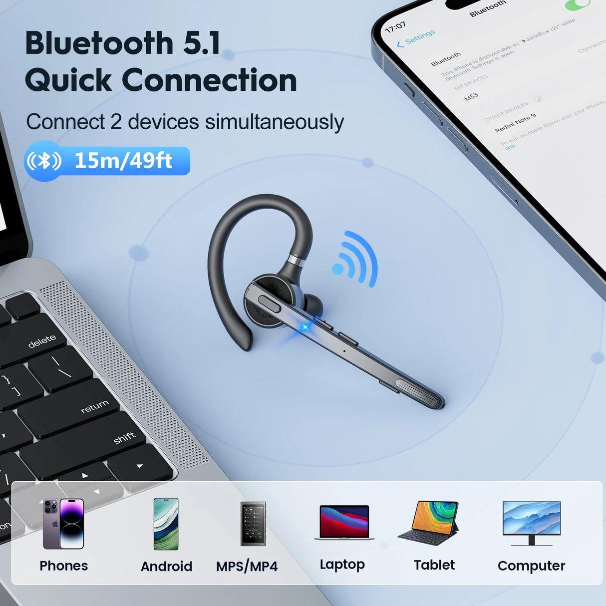 Bluetooth 5.1 headset with quick connection and multi-device compatibility.