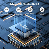 Bluetooth 5.4 chip depicted as a glowing blue cube on a circuit board with icons highlighting its advanced features.