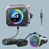 Bluetooth FM transmitter with digital display and car charger attachment.