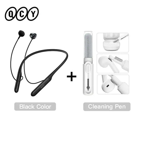 The bluetooth wireless earphones are shown with the black color