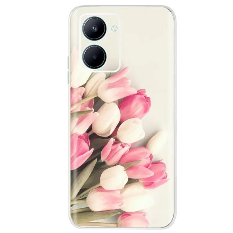 a bouquet of pink tulips printed on a white case for the oneplar