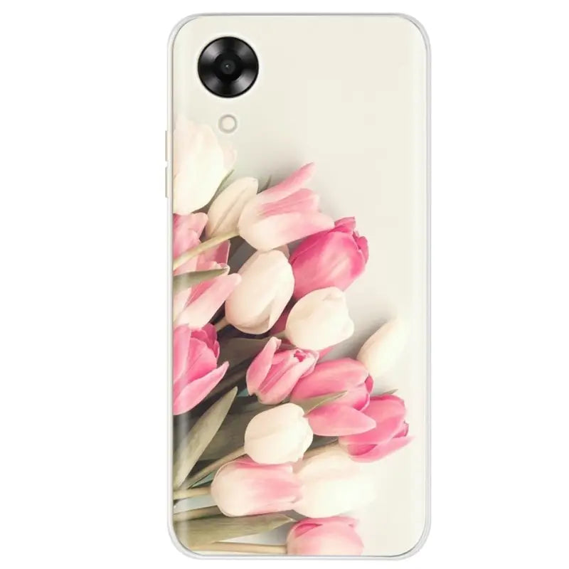 a white phone case with pink tulips