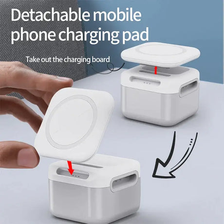 The charging box is attached to the back of the phone