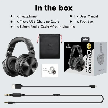 The box with headphones, microphone and cable