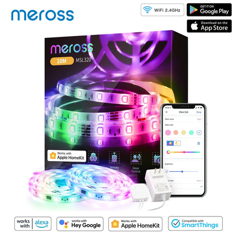 a box of the meross smart led strip with a phone