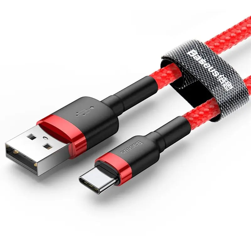 a red braided usb cable with a black and white cable