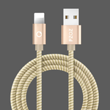 Braided USB charging cable with rose gold metal connectors.