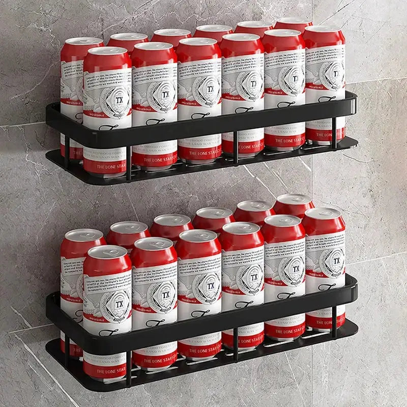 a black shelf with six cans of beer on it