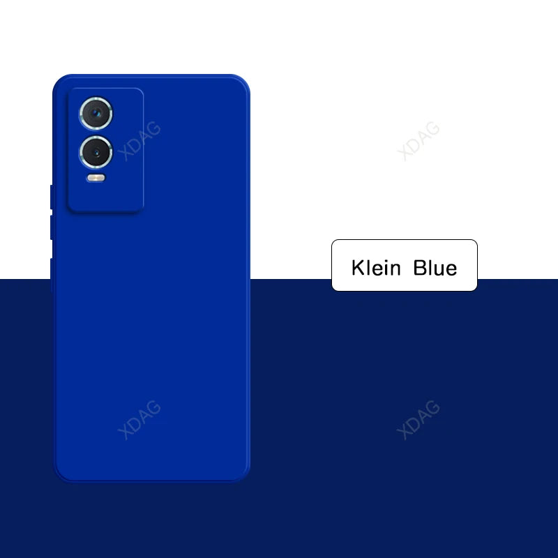 Bright blue smartphone with dual rear cameras.