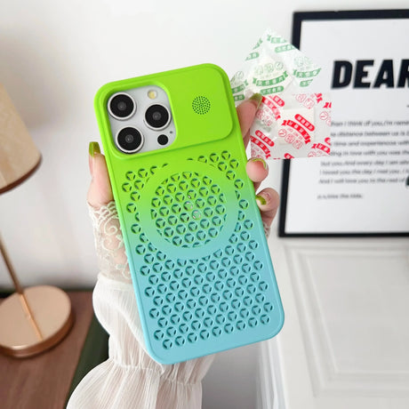 Bright green and blue smartphone case with a perforated pattern and camera cutouts.