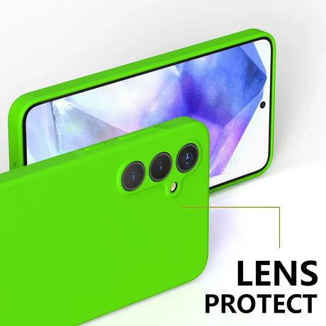 Bright green smartphone case with triple camera lens protection.