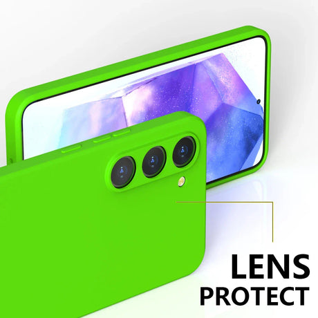 Bright green smartphone case with triple camera lens protection and a colorful screen display.