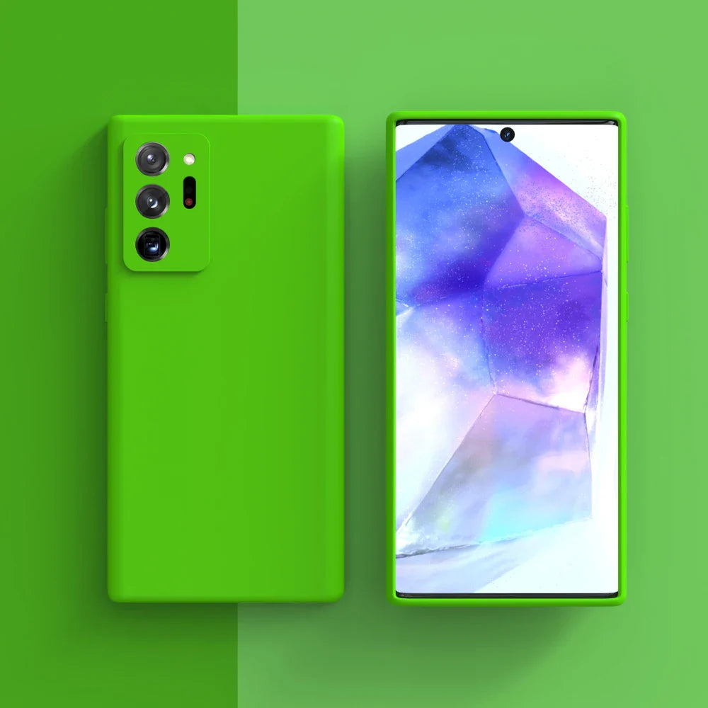 Bright green smartphone with a triple camera setup and colorful display showing abstract shapes.