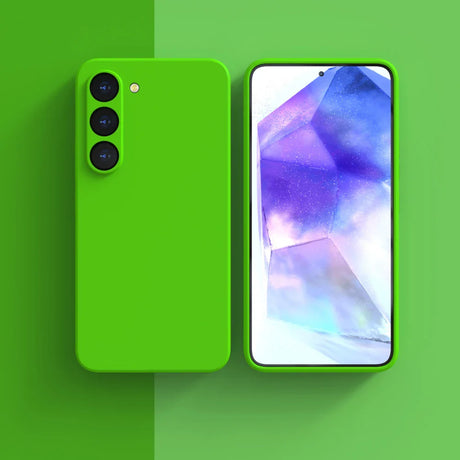 Bright green smartphone with triple rear cameras and a colorful display.