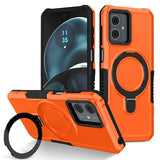 Bright orange protective smartphone case with a circular ring attachment and dual camera cutout.