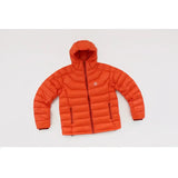 a bright orange puffer jacket with a hood and zipper