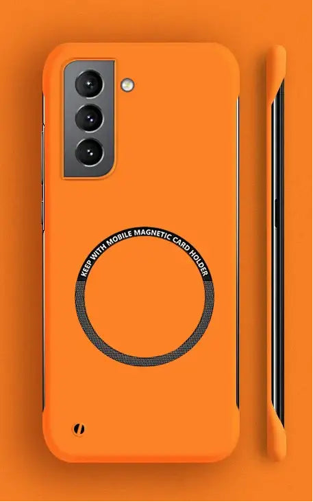 Bright orange smartphone case with a circular magnetic charging ring and triple camera setup.