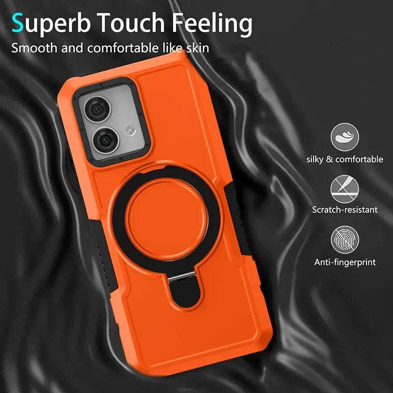 Bright orange smartphone case with a circular magnetic attachment and dual camera cutout.