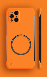 Bright orange smartphone case with a circular design and multiple camera cutouts.