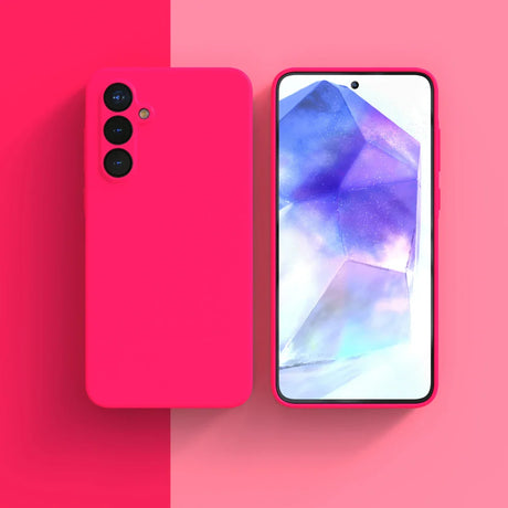 Bright pink smartphone with triple rear cameras and a colorful display screen.