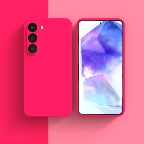 Bright pink smartphone with triple rear cameras and a colorful display screen.