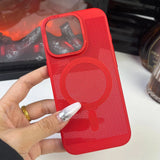 Bright red phone case with a circular pattern and camera cutout.