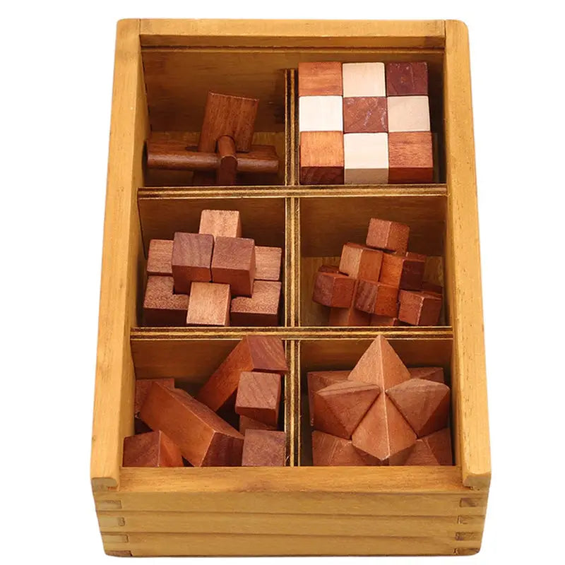 a wooden box with a wooden puzzle in it