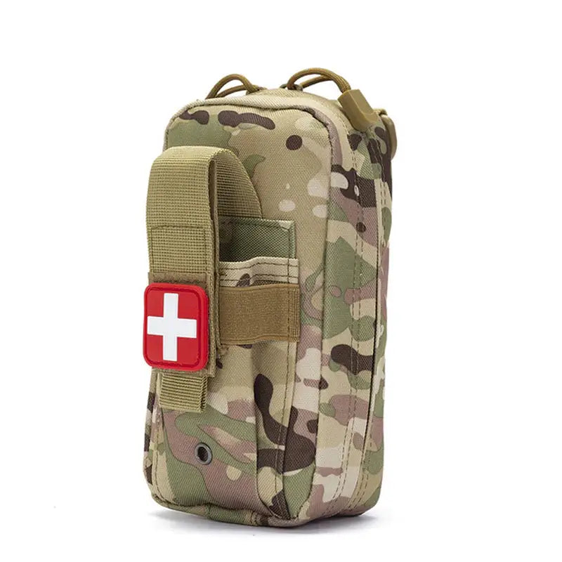 the first aid pouch is a small, multicam pouch with a red cross on the front pocket