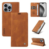 Brown faux leather wallet phone case for an iPhone.