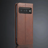 Brown faux leather wallet case for a smartphone with a horizontal camera bar.