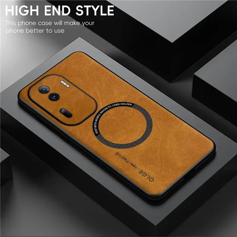 a brown leather case with a black circle on it