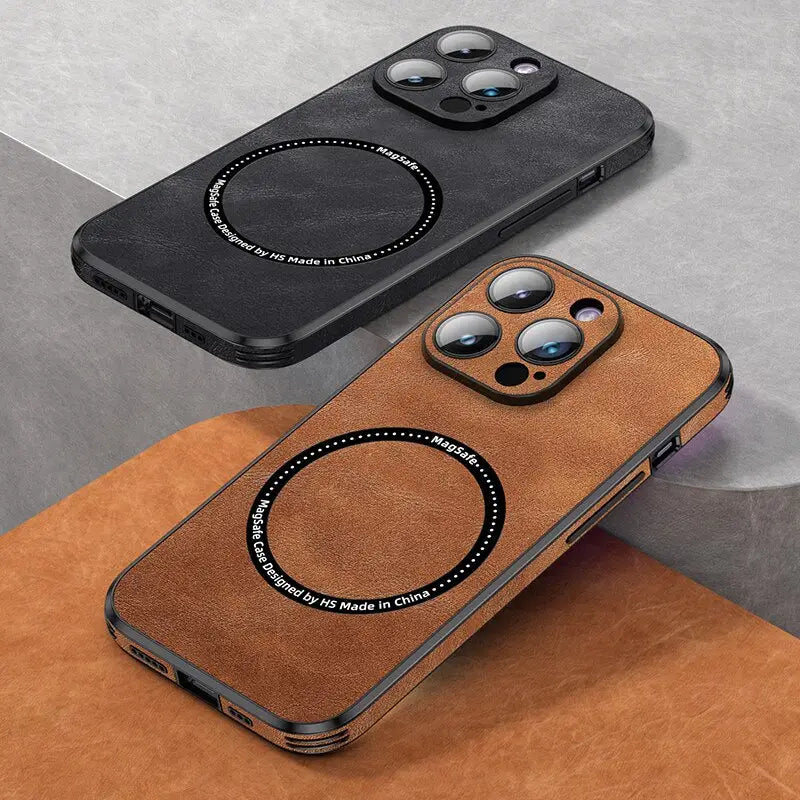 the back of a brown leather iphone case with a camera lens
