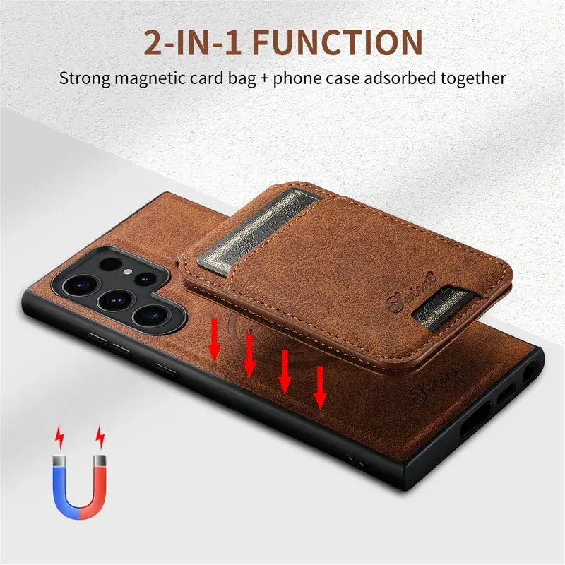 the back of a brown leather case with two magnetic magnetic magnetic magnets