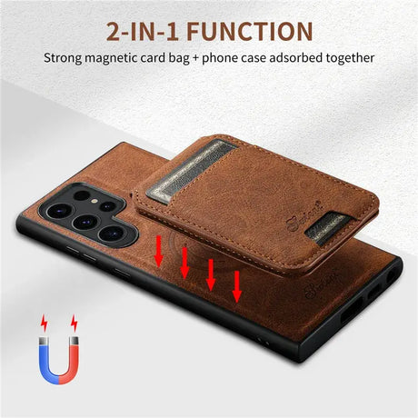 The back of a brown leather case with two magnetic magnetic magnetic magnets